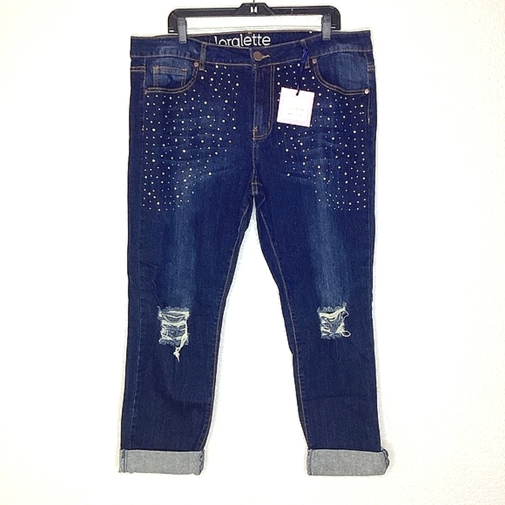 AVENUE LORALETTE PLUS‎ SIZE 18 BLUE EMBELLISHED JEANS DIAMOND DISTRESSED PAN…